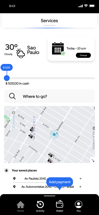 Home screen with saved places and a prominent add payment action above the bottom navigation.