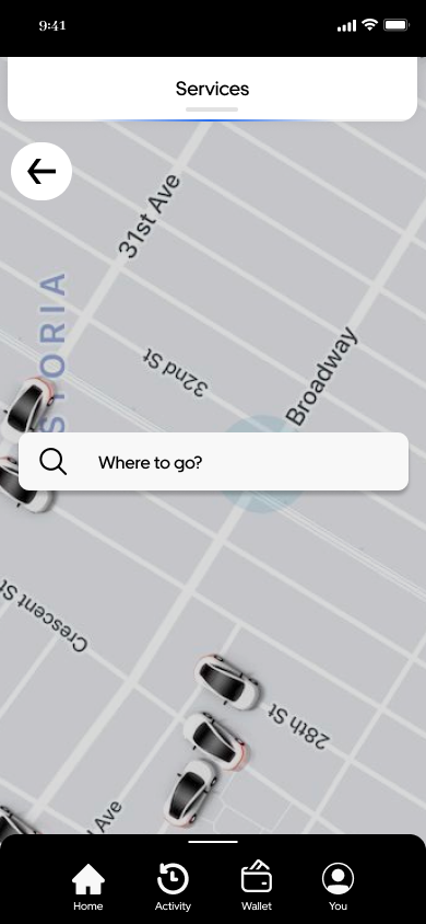 Map-focused screen with back button and where to go search field.