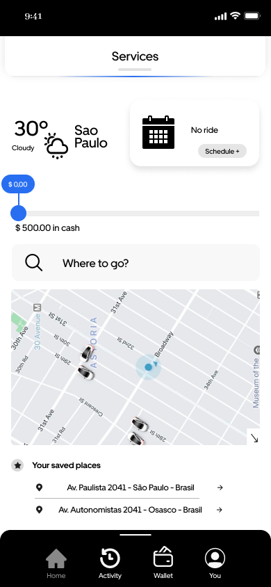 Home screen showing weather, balance, no scheduled ride, destination search, map and saved places.