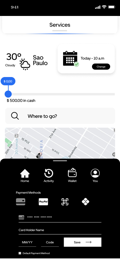 Wallet screen showing payment methods, card entry fields and save action.
