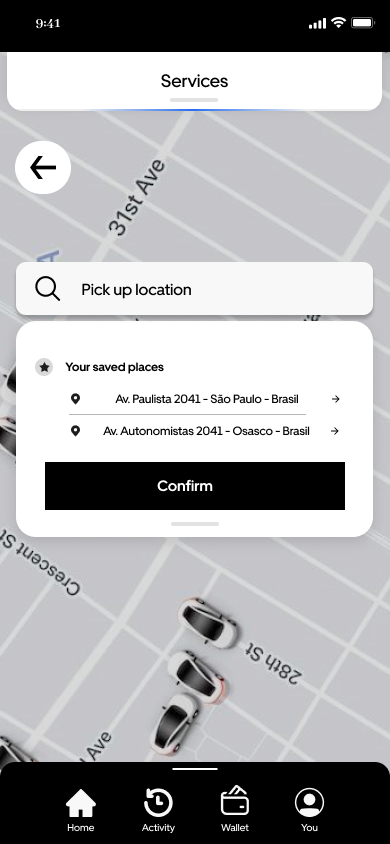 Pickup location confirmation screen with saved places and confirm button over the map.