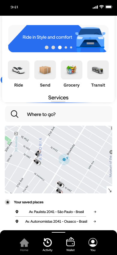 Services screen showing ride, send, grocery and transit options above the destination search.
